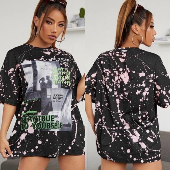 Shein Stay True‎ Yourself Paint Splatter Tie Dye Oversized Tee Black Top Size 6 - Picture 1 of 8